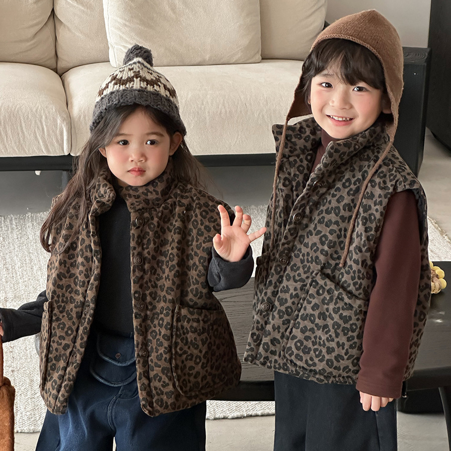 Toddler Boy Winter Fleece Jacket - Gilet imbottito con stampa leopardata per
