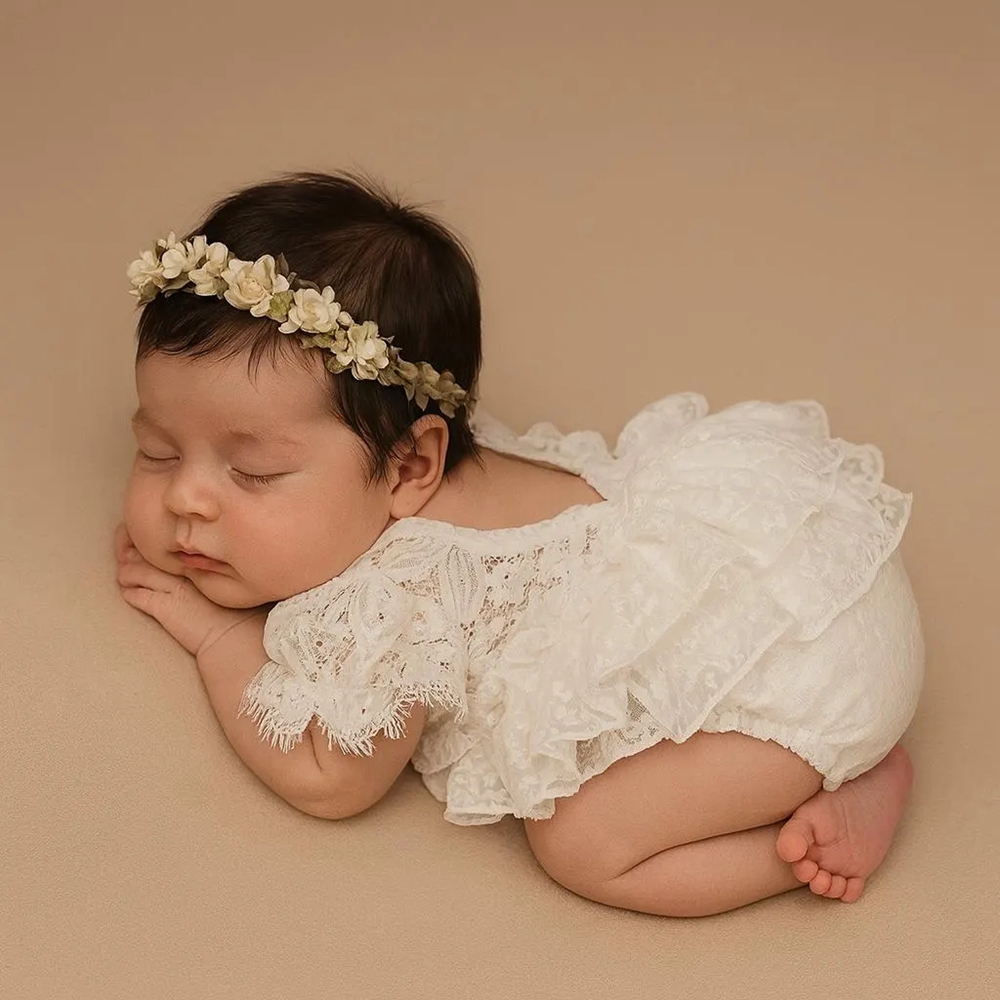 Newborn Baby Girl Romper Floral - Completo per Fotografia Neonata: Tutina Bianca