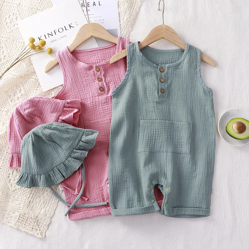 Baby Summer Linen Sleeveless Jumpsuit - 2 pz/set vestiti estivi per bambini